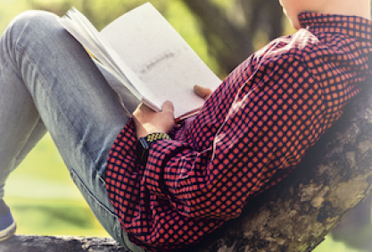 Un adolescent lit assis sur un arbre dans la nature