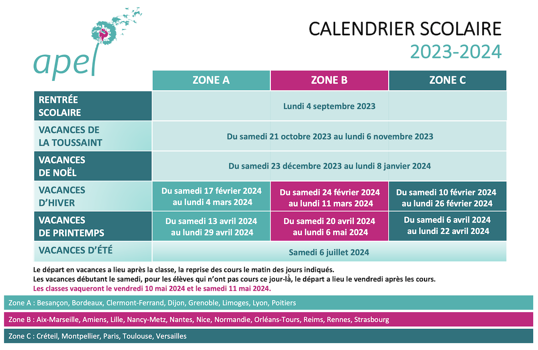 Le calendrier scolaire pour l'année 2023-2024